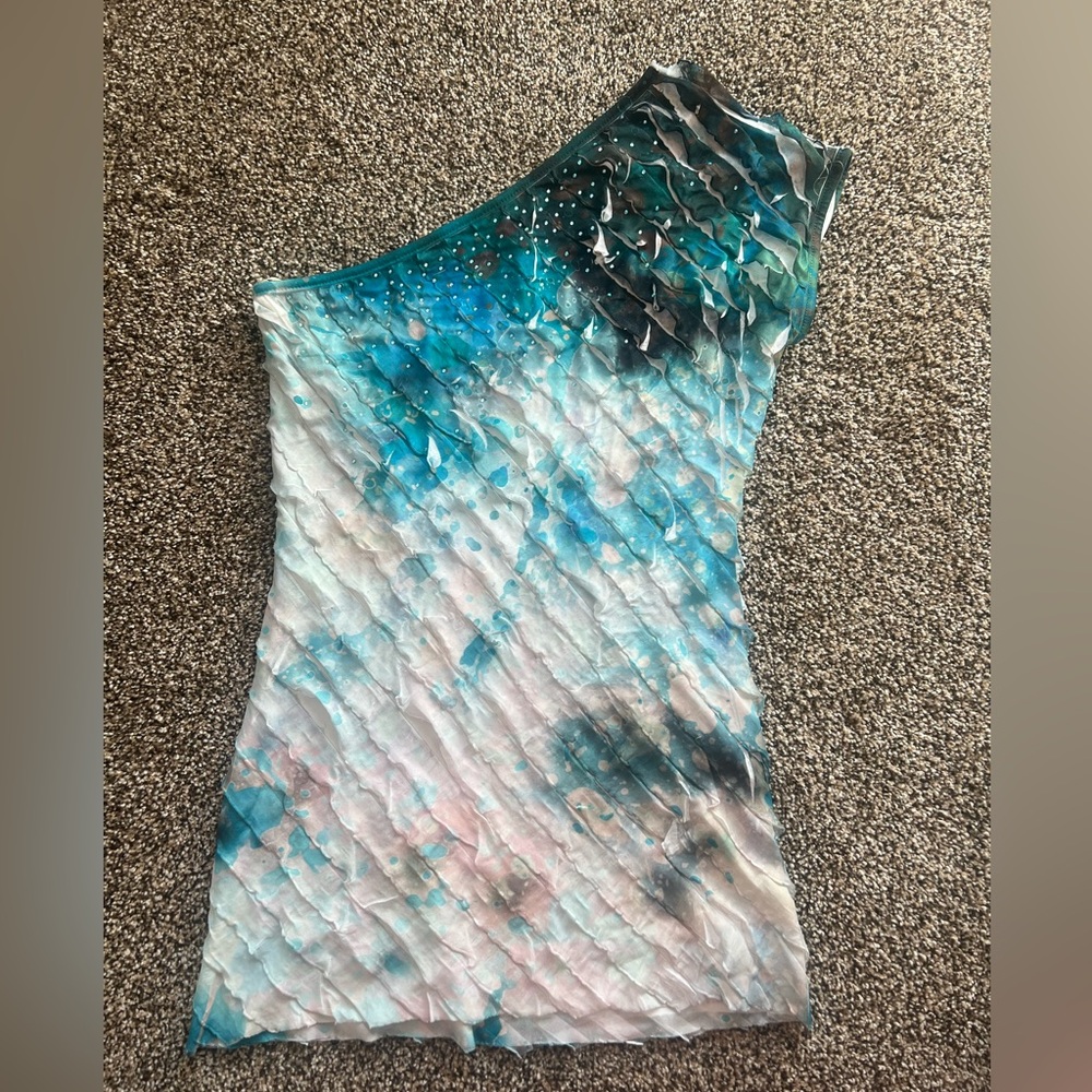 One-Shoulder Blue Multicolored Top with Rhinestones